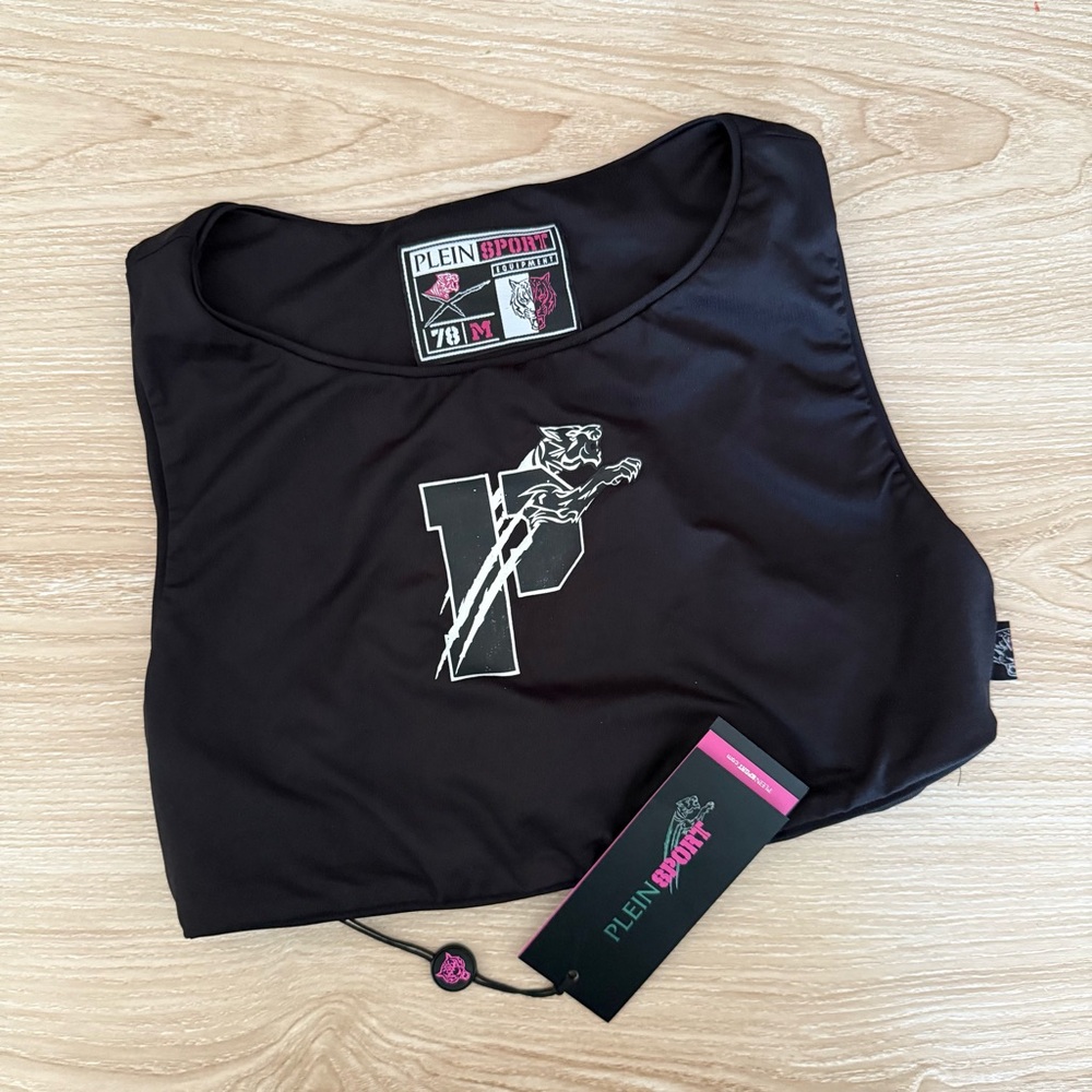 Plein Sport Medium NEW Black Sports Bra Logo Print Lion